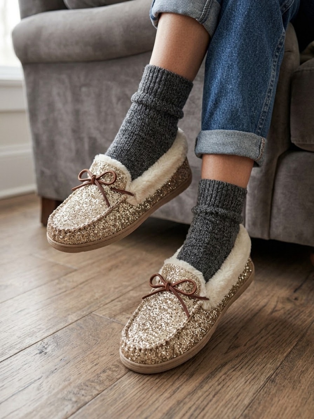 Old Navy Gold Glitter Faux-Fur Lined Moccasin Slippers